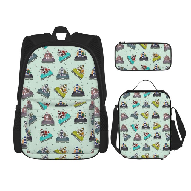 Disketp Lighthouse Mochila Estampada de Gran Capacidad con Lonchera y Estuche, Set de 3 Piezas para Estudiantes