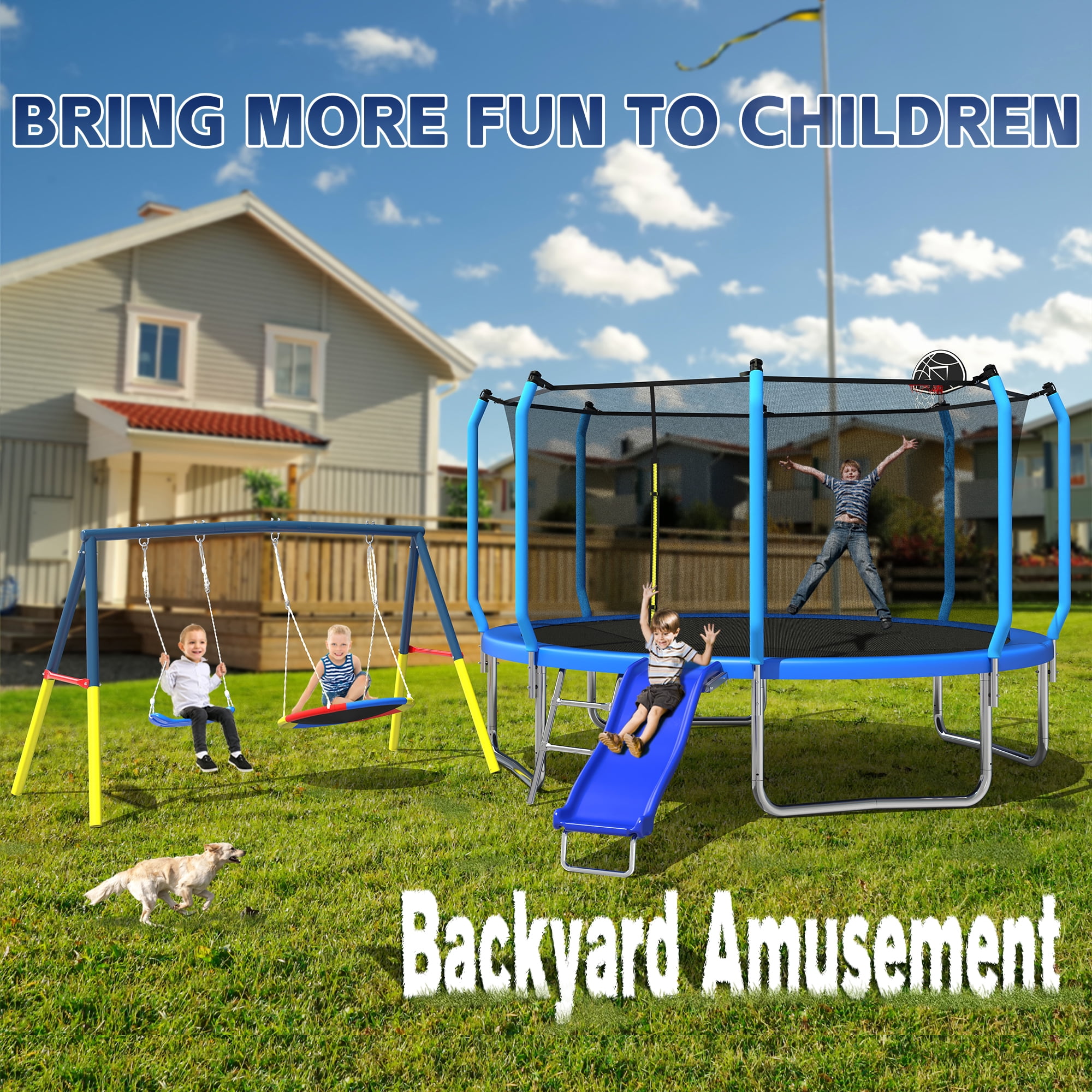 Mersco 12FT Heavy Duty Trampoline with Enclosure Net ,Slide ,Swing Set Outdoor Trampoline for Backyard,Kids Trampoline with Basketball Hoop,Birthday and Holiday Gifts for Kids,Blue