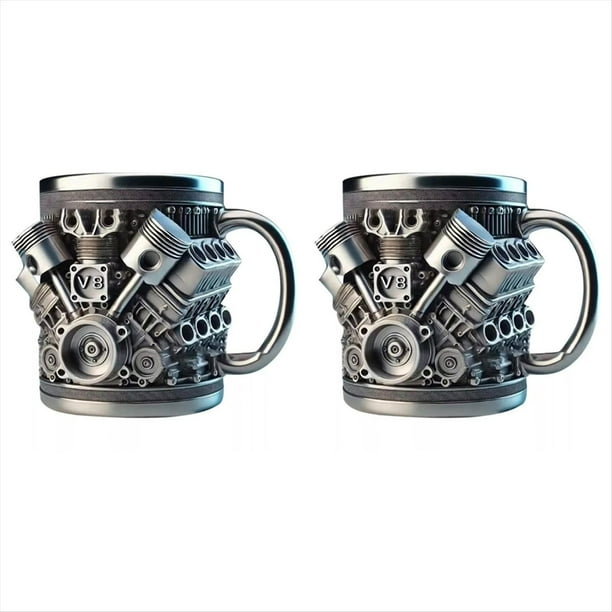 de café de acero inoxidable con motor V8, diseño divertido de motor de coche, de café, de cóctel, de té para entusiastas de los coches, 2 piezas.