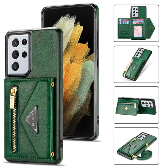 Dteck Case For Samsung Galaxy S21 Ultra 6.8-inch,Luxury Leather Zipper Card Holder Wallet Cross Body Shoulder Strap Case for Galaxy S21 Ultra 5G Shockproof Hybrid Rubber Kickstand Cover,Green