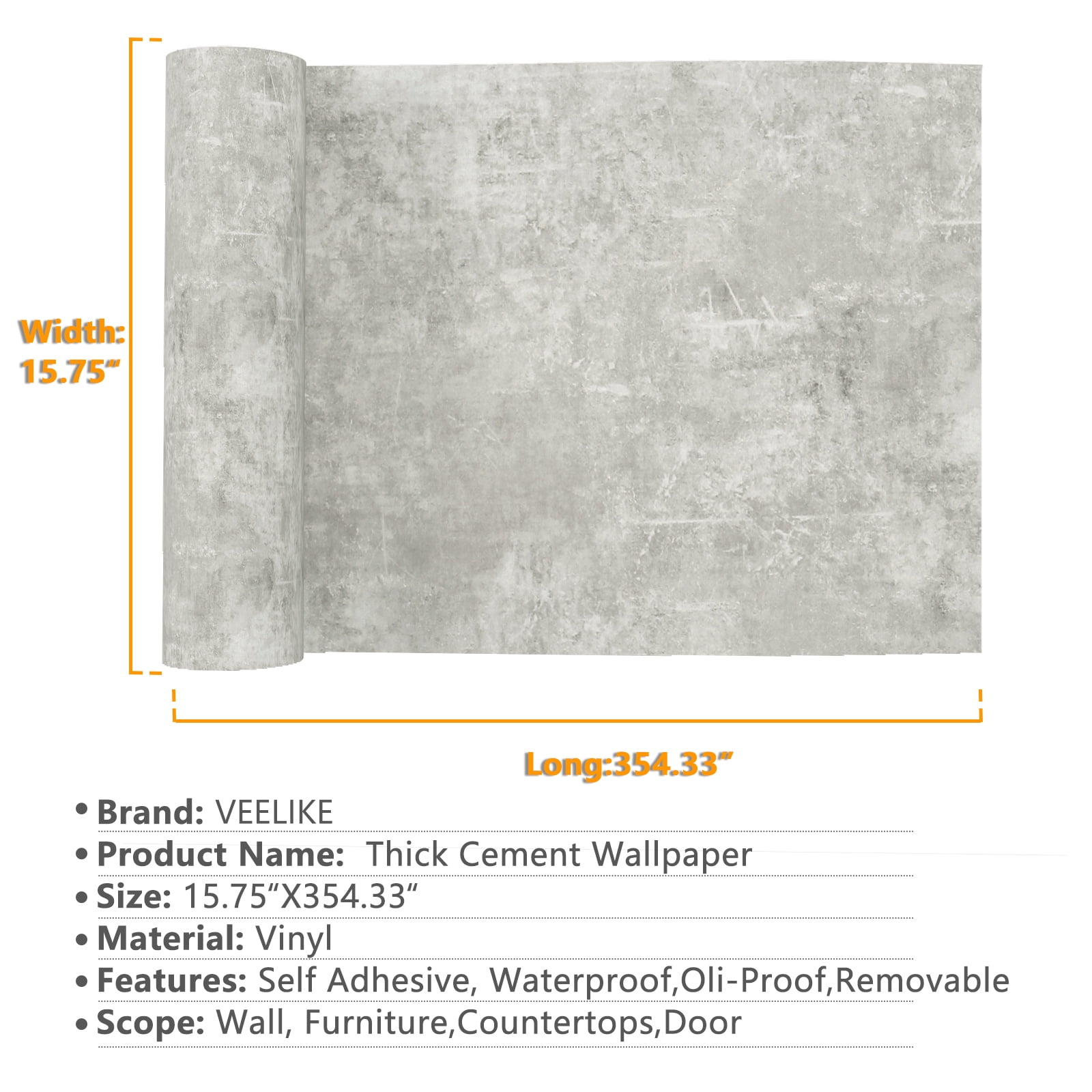 VEELIKE 15.7''x354'' Concrete Wallpaper Peel and Stick Grey Concrete Contact Paper for Countertops Waterproof Removable Industrial Concrete Effect Mural Self Adhesive Cement Roll for Walls Cabinets