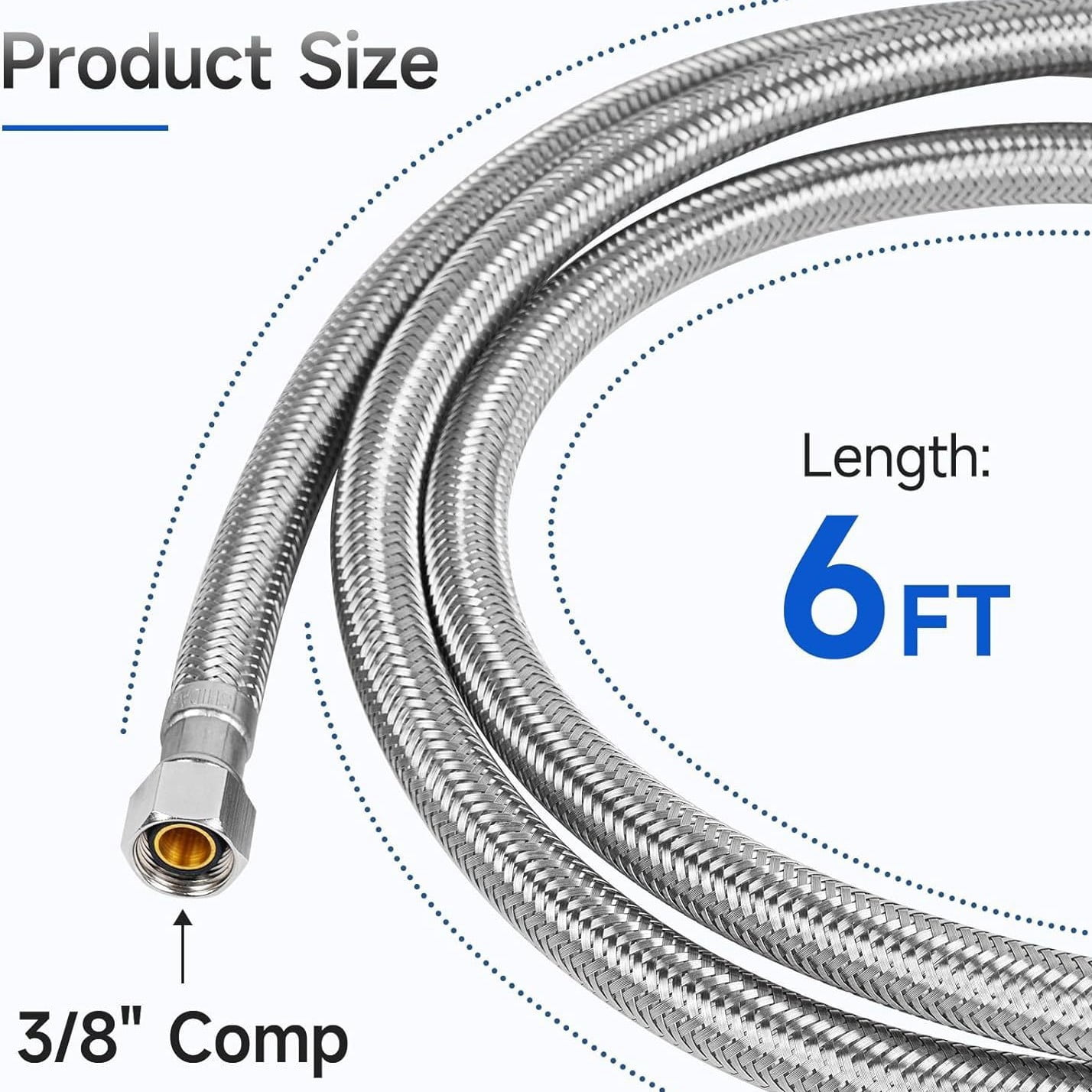 Braided Stainless Steel Ice Maker Water Supply Hose - 6 Ft - Universal 1/4" Connectors from