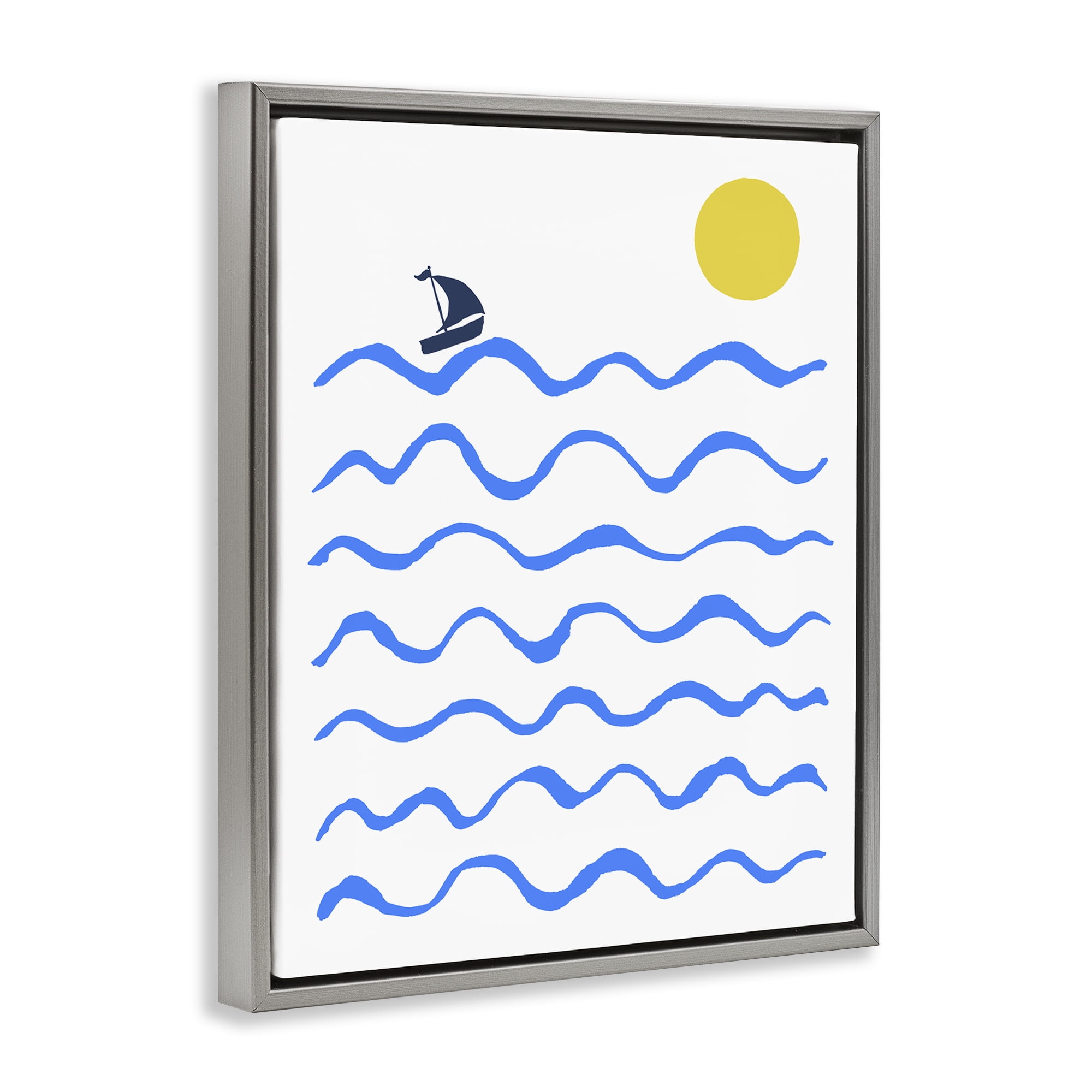 Stupell Industries Blue Waves & Sailboat Doodle Nautical & Beach Painting Gray Floater Framed Canvas Art Print Wall Art, 17 x 21