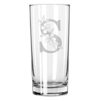 15 oz Tall Beverage Drinking Glass Highball Tumbler Gift Floral Monogram Letters (S)