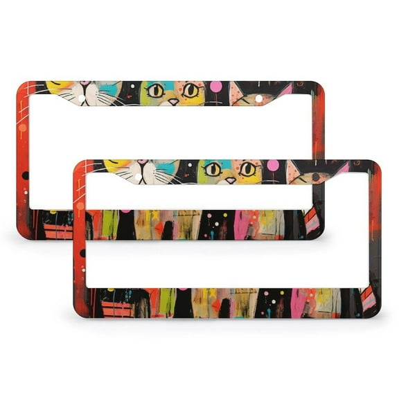 Christmas Cats Painting License Plate Cover 2 Pack Funny Cat Theme Auto Car Accessories Tag Car Accessories US Canada Standard 2 Holes Stainless Aluminum License Plate Frames