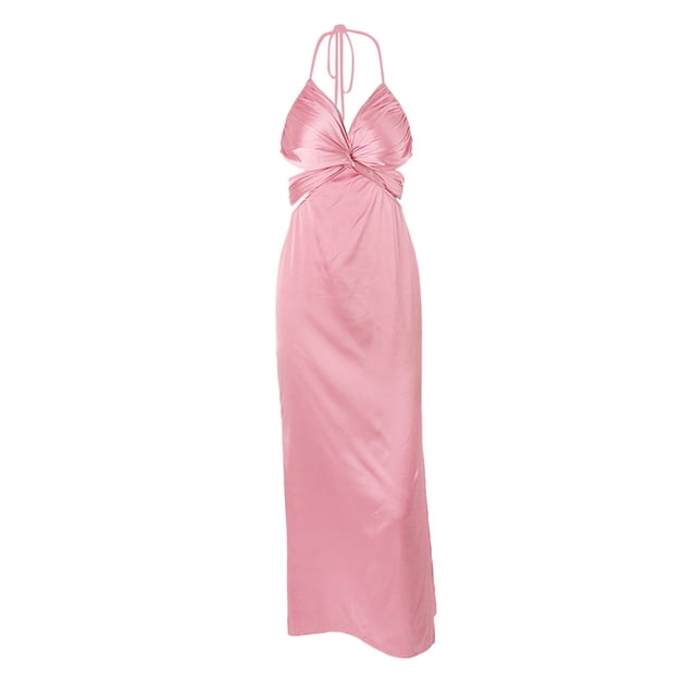 VISgogo Vestido de cuello halter para mujer, plisado en el pecho, sin espalda, color sólido, sin mangas, con recorte en la cintura VISgogo moda