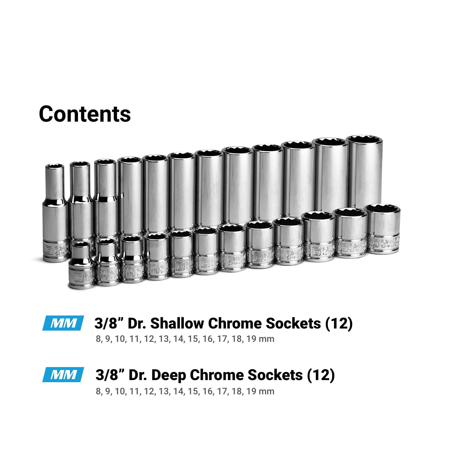 Capri Tools 3/8 in. Drive 12-Point Shallow and Deep Socket Set, Metric, 8 to 19 mm, 24-Piece