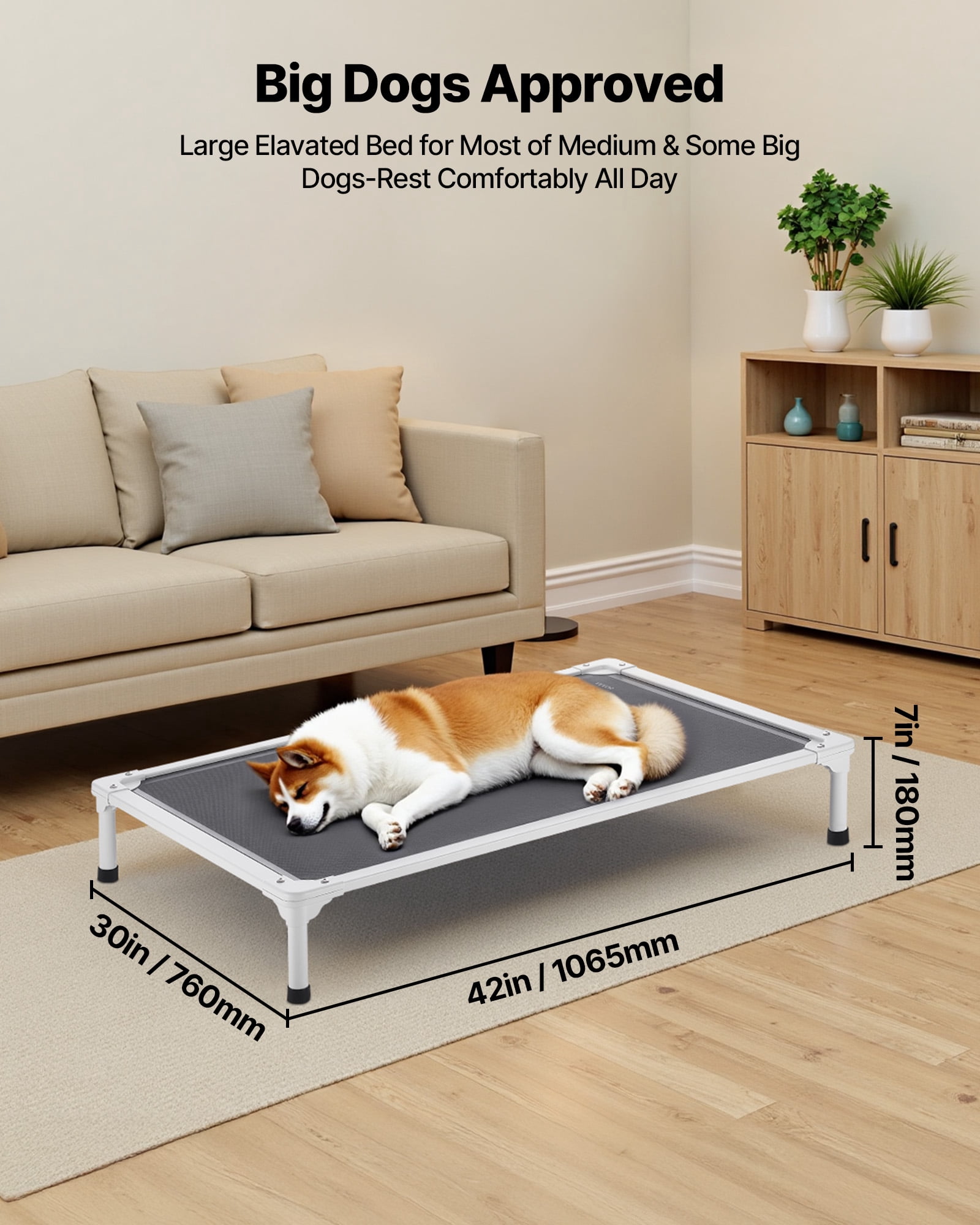 VEVOR Elevated Dog Bed for Large Dogs, Portable Raised Dog Cot with Aluminum Tube Metal Frame and Breathable Textilene Mesh, Indoor & Outdoor Pet Cooling Raised Hammock Bed, L, Gray