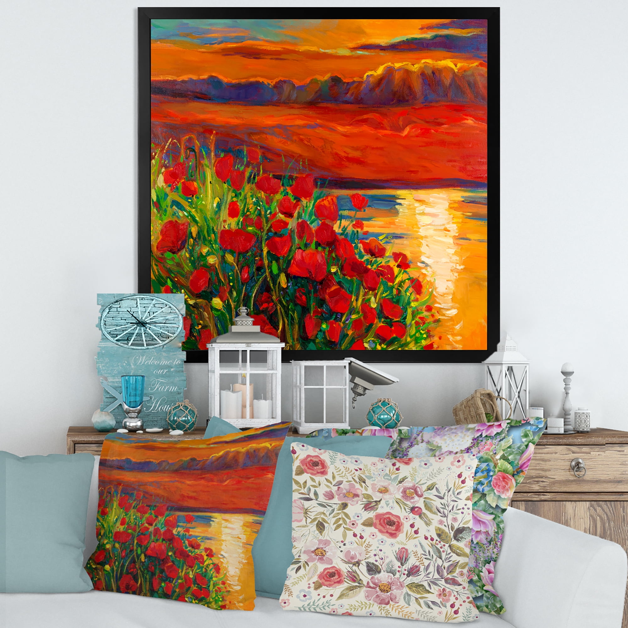 Red Poppies By The Ocean During Evening Glow 36 in x 36 in Framed Painting Canvas Art Print, by Designart