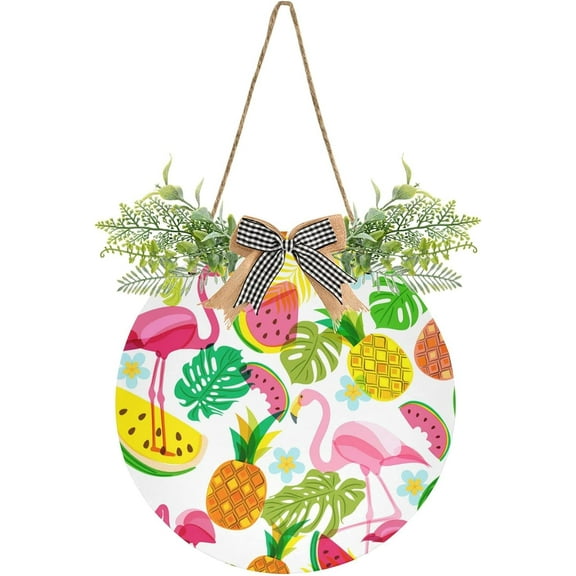 SKYSONIC Flamingo Welcome Sign for Front Door,All Seasons Welcome Wreath Porch Hanging Decoration for Farmhouse Wall Home Holiday Decoration - 11.8x11.9in