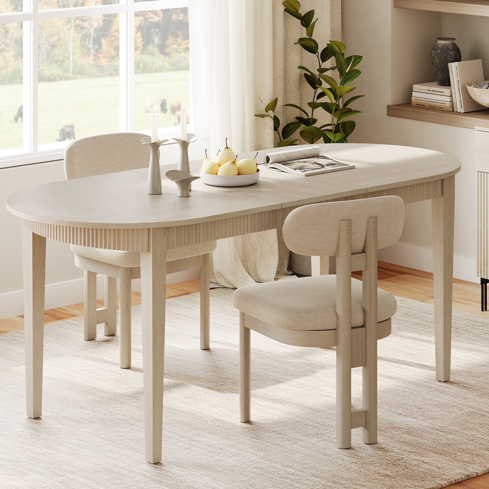 3 Piece Modern Dining Table Set, 73" Solid Wood Oval Dining Table with 2 Polyester Chairs, Dining Set with Fluted Apron for Kitchen & Dining Room