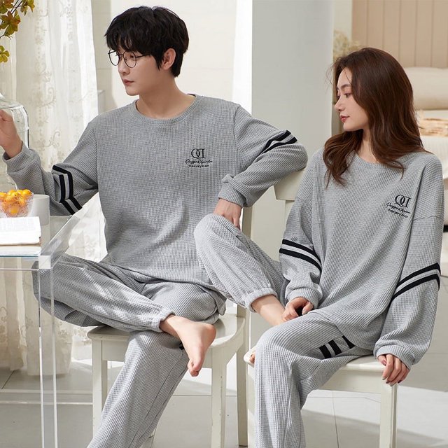 Pijamas de pareja Pijamas de mujer de otoño e invierno Ropa informal para el hogar para hombre Traje de dos piezas de algodón peinado suelto