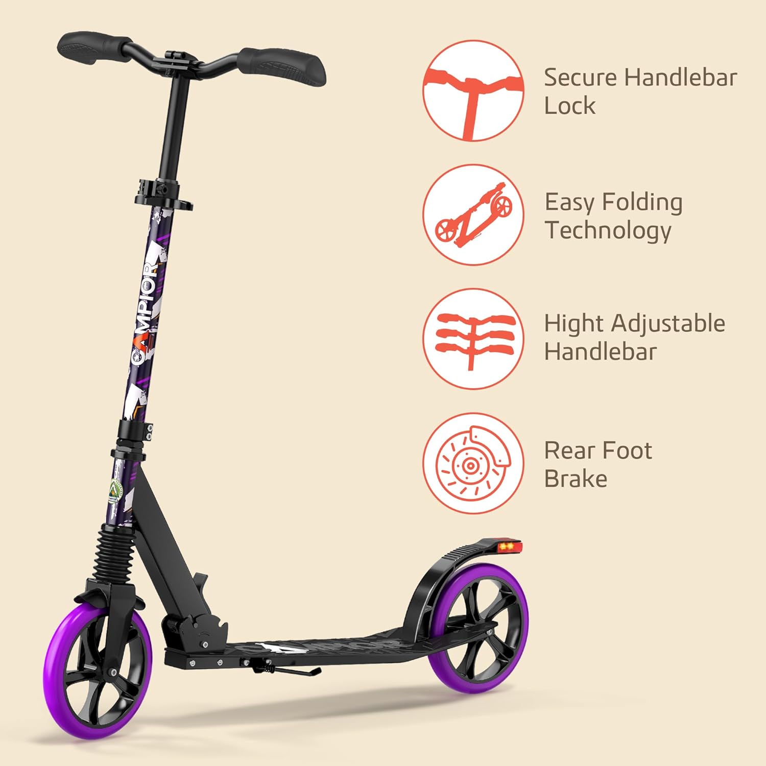 Campior Kick Scooter for Ages 6+, Kids, Teens & Adults, Foldable with Kickstand, 8-Inch Big Wheels, Max Load 240 lbs, 3-Level Adjustable Handlebar, Purple