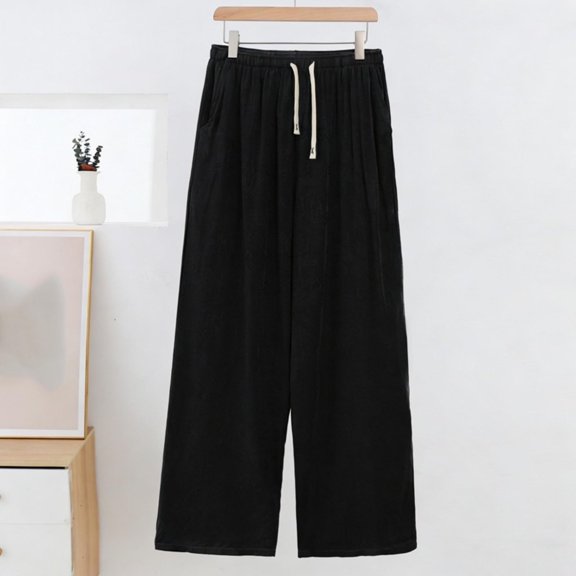 TaTaai Womens Plus Size Pants Elastic Drawstring Waist Side Pocket Twill Jacquard Straight Leg Solid Soft Breathable Trousers Gift
