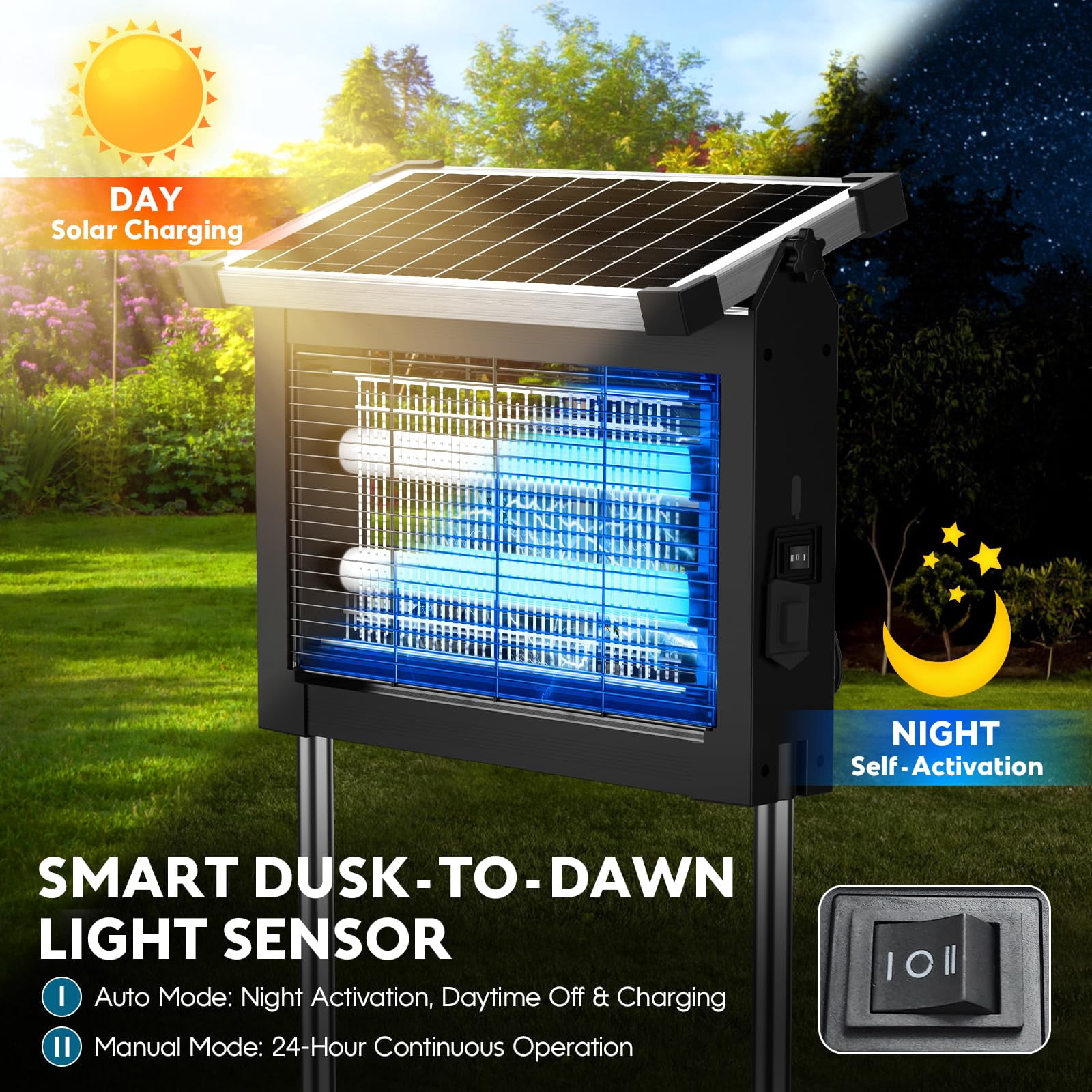 Solar Zapper Outdoor  Mosquito 4500v Cordless Waterproof Auto On/off Portable Type-c & Electric Fly Killer For Patio Garage Yard Camping