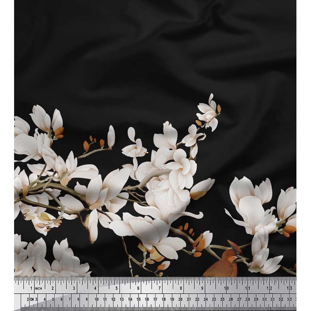 Soimoi Black Rayon Fabric White Floral & Bulbul Bird Print Sewing Fabric BTY 42 Inch Wide