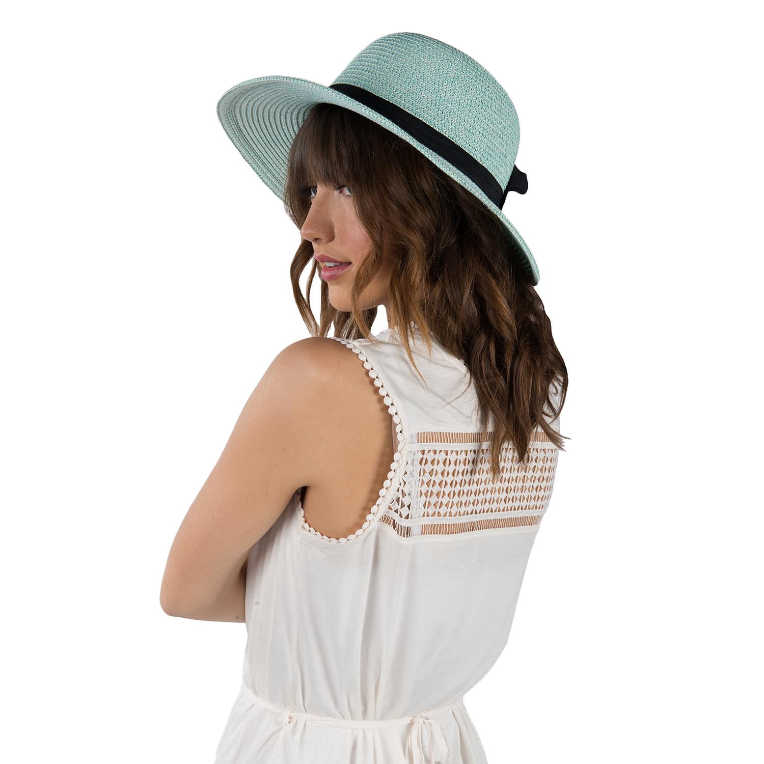 Women’s Summer Beach Essentials Set – Aqua Green Packable Wide Brim Straw Sun Hat with Ribbon Bow & Aqua Green Waterproof Phone Pouch with Lanyard