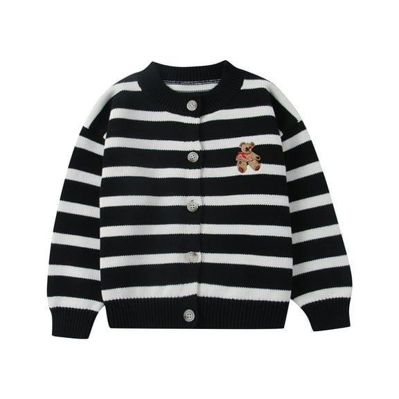 WRKEKC Kids Black White Striped Knitted Cardigan Color Block Teddy Embroidery Sweater for 18 Months-8 Years Boys Girls Casual Fall Winter Top