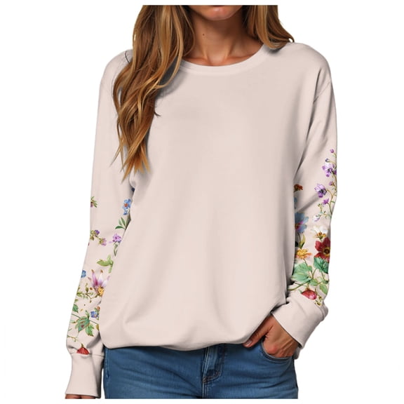 larppty Women Crewneck Flower Print Long Sleeve Sweatshirts Floral Graphic Tops Casual Loose Fit Pullover Shirts (Light Pink, S)