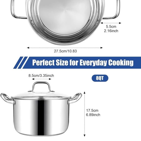Stainless Steel Stock Pot - 8 Quart, Soup Pot Induction Compatible, Cooking Pot with Riveted Handle, Oven & Dishwasher