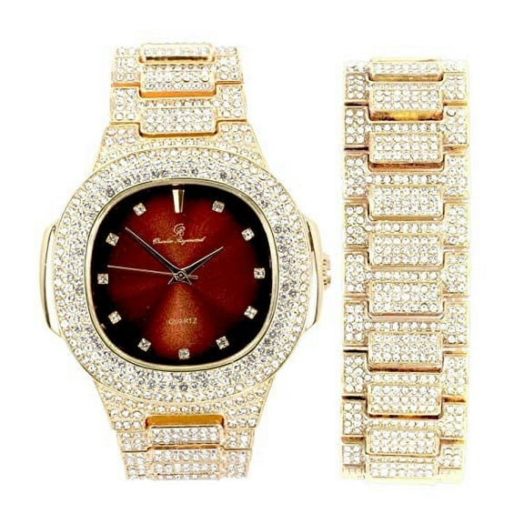Blinged Out Oblong Case Metal Mens Watch w/Matching Blinged Out Bracelet Set - 8475BM (Gold/Coffee Brown)
