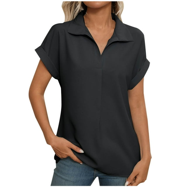 Besolor Summer Short Sleeve Shirts Casual Solid Color Collared V Neck Tops Ladies Work Going out Blouses
