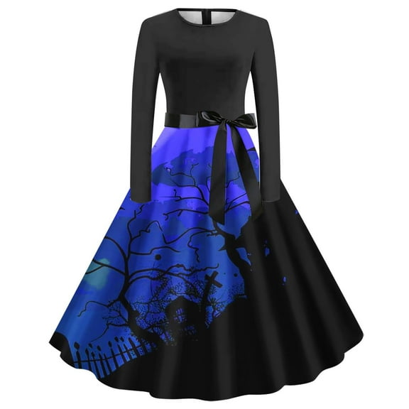 miqiqism Vintage Dress for Women Comfy Round Neck Dresses Teen Girls Slim Fit Skirts Juniors A Line Hem Swing Skirt with Bow Vintage Printed Costume,Blue,Small