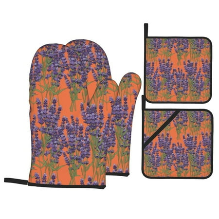 

Oven Mitts and Pot Holders 4 pcs Set Lavender Flowers Apricot Heat Resistant Silicone Oven Mitts Pot Holders for Kitchen Baking Cooking Non-Slip Oven Gloves Hot Pads Potholders