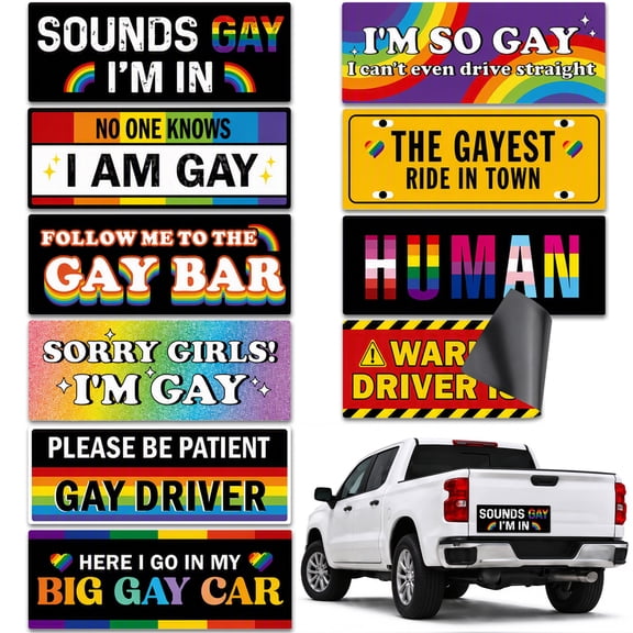 Gay Pride Funny Car Magnets, 10 pack, Rainbow LGBT Magnetic Bumper Stickers, Waterproof Reusable, for Vehicles Trucks Fridge