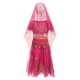 thumbnail image 3 of TTAO 4Pcs Belly Dance Set for Girls Sequins Crop Top Skirt with Hip Scarf Headwear Indian Dance Outfits Hot Pink 11-12, 3 of 5
