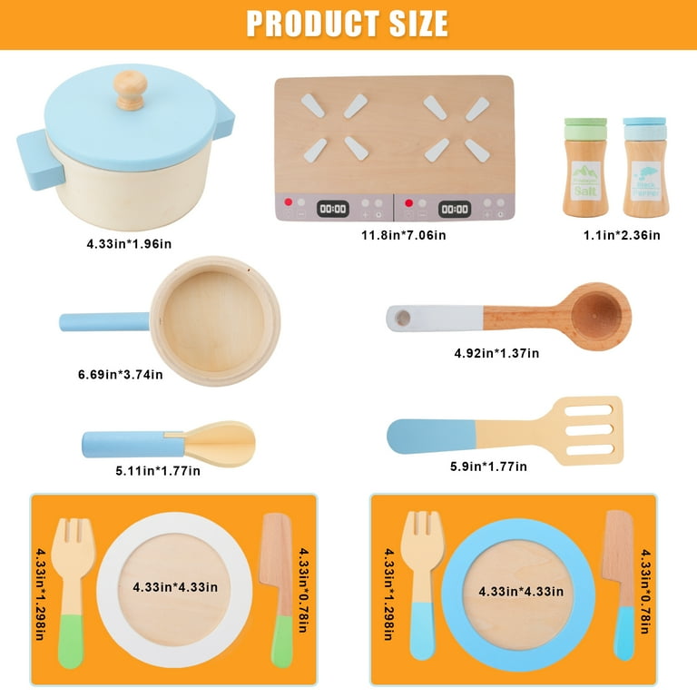 Educational Play Food Sets for Kids Kitchen, Wooden Cookware Pots