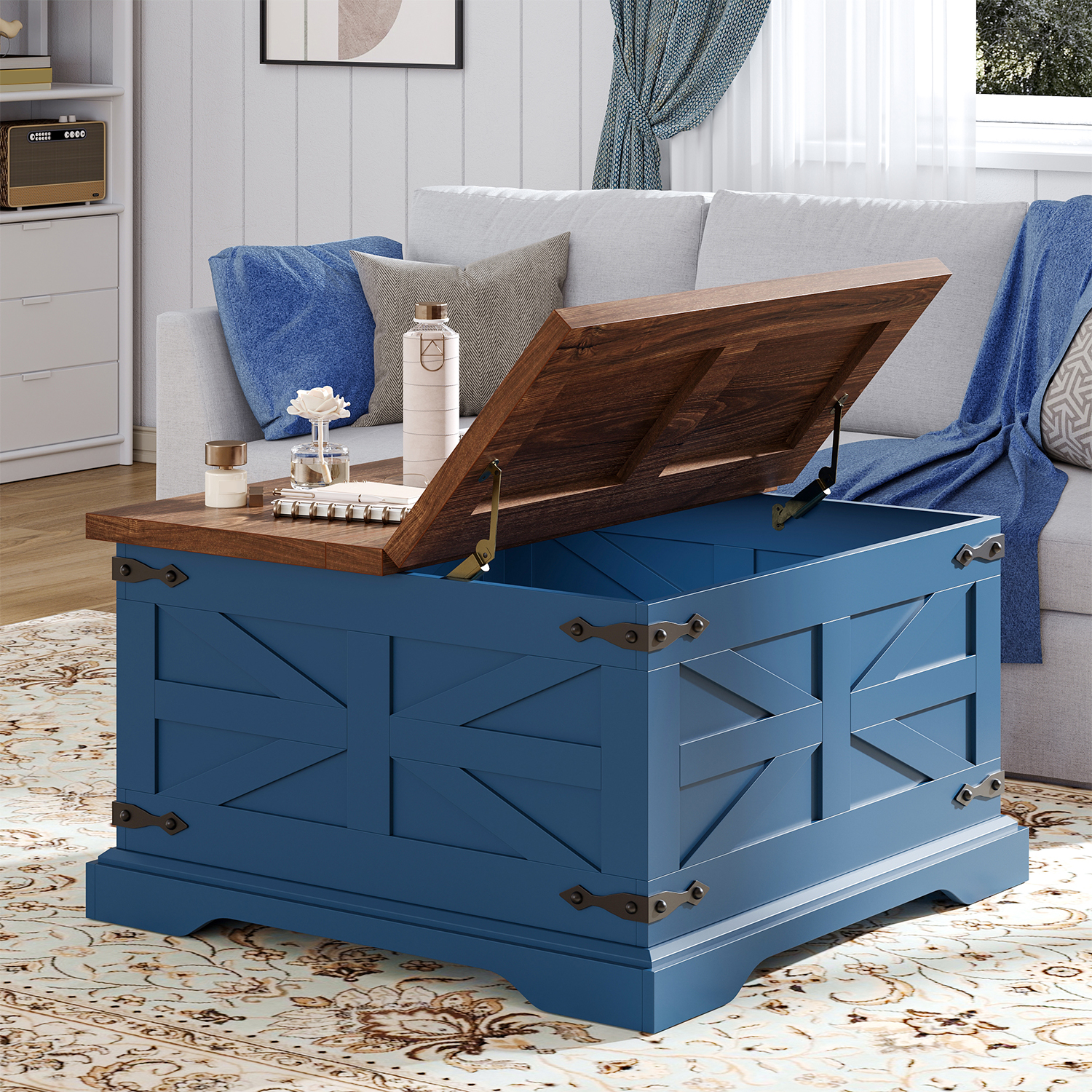 Winkalon Farmhouse Coffee Table, Square Wood Center Table with Storage and Lift Top, Metal Corners for Living Room, Blue