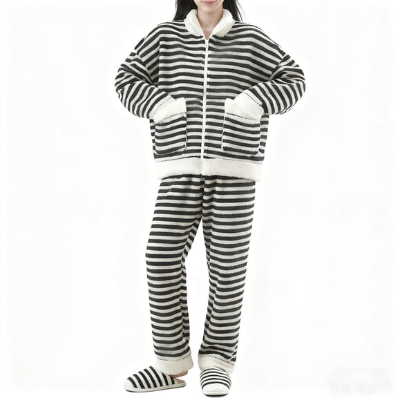 2 Piece Thick Pajamas for Women Soft Fuzzy Fleece Winter Warm Striped Sleepwear Set Zip up Jackets with Pockets Wide Leg Pants Loungewear Outfits Black XXL