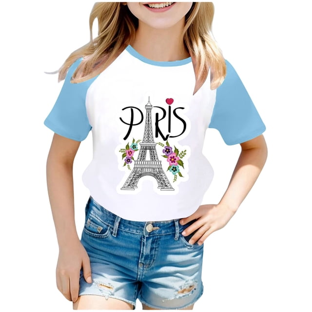FhsagQ The 7th Of July Wear City Tourism Commemorative Print Raglan Sleeve Color Block Short Sleeve T Shirt Little Girls The 7th Of July T shirts Size 9/10 Spring Light Blue 7-8 Years