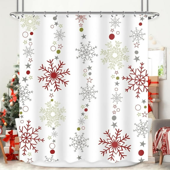 Christmas Shower Curtain 72Wx72L inch Snowflake Winter Shower Curtain Bathroom Set Red Red Grey White Big Small Snowflakes Merry Xmas Holiday Kids Bath Bathtub Accessories Home Decor