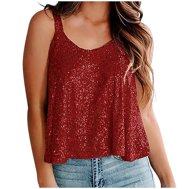 Besolor Hauts à Paillettes Mode Été pour Femmes Col Rond Sans Manches Scintillant Soirée Chemisiers Chemise