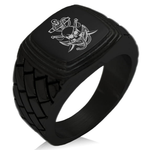 Stainless Steel Pirate Skull Anchor & Sabers Geometric Pattern Step-Down Biker Style Polished Ring