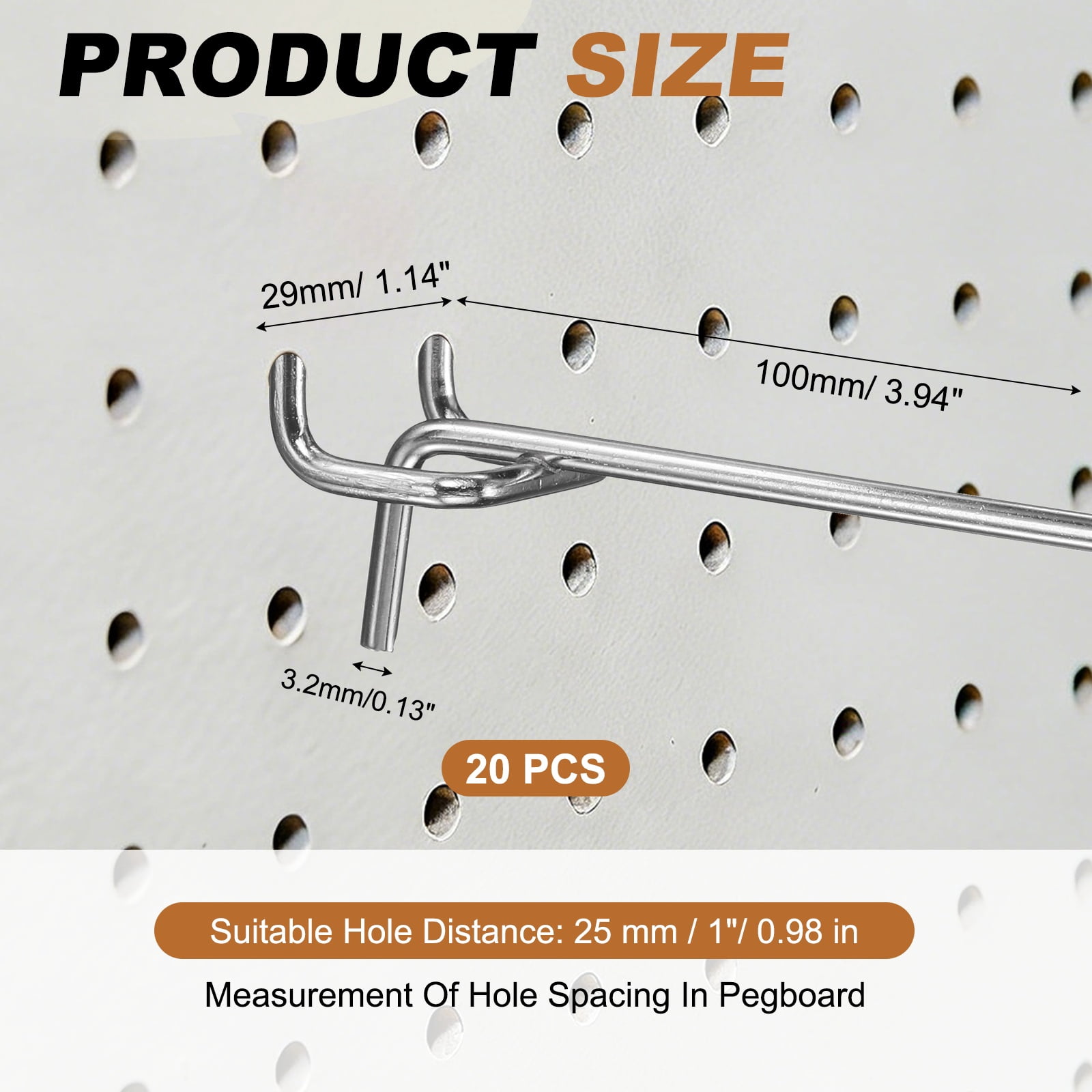 Uxcell 20Pcs Pegboard Hooks, 3.9 in L Shape Pegboard Wall Hook Fit 1" Hole Pegboard 3.2mm Thick for Wall Organizing
