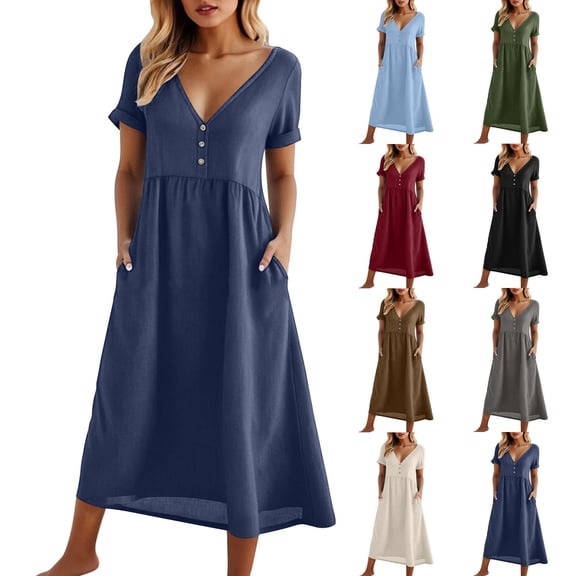 XUNKUSGA Womens Summer Dresses Casual Soild Color Cotton Linen Maxi Dress Loose V Neck Button Down Short Sleeve Sundresses for Women with Pockets,Beige,S