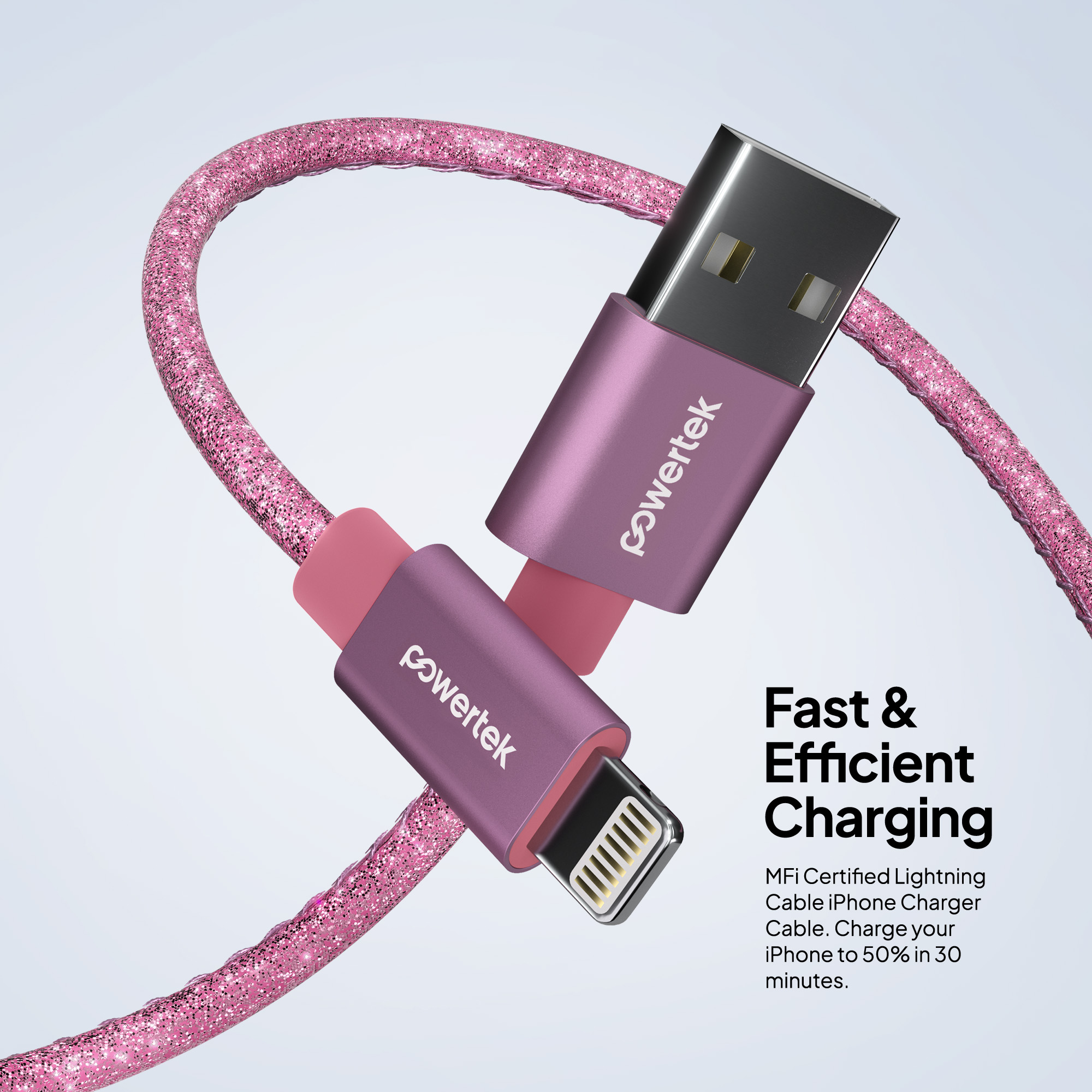 Powertek USB-A to Lightning Cable, 6ft, Pink Glitter photo 3