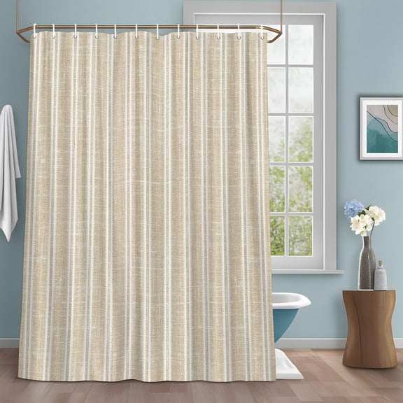 Beige White Stripes Shower Curtain with Hooks, Rustic Warm Beige Lines Linen Texture Water Repellent Shower Curtains for Bathroom Decor Sturdy Shower Curtain, Machine Washable 54x78 Inch