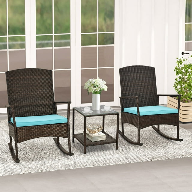 Gymax Ensemble Bistro en Osier à Bascule 3 Pcs, Ensemble de Conversation pour Extérieur avec Chaises Berçantes de Porche avant, Turquoise