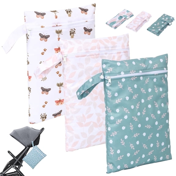 Wet Dry Bag, 3 Pack Reusable Waterproof Pouches for Cloth Diaper, Swimsuit, Gym Wear, Pump Parts, Pink Green