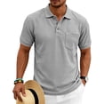thumbnail image 3 of Waffle Texture Polo Shirts for Men Short Sleeve Button Placket Chest Pocket Casual Summer Golf Tee Lightweight Breathable Fit Light Gray L, 3 of 6