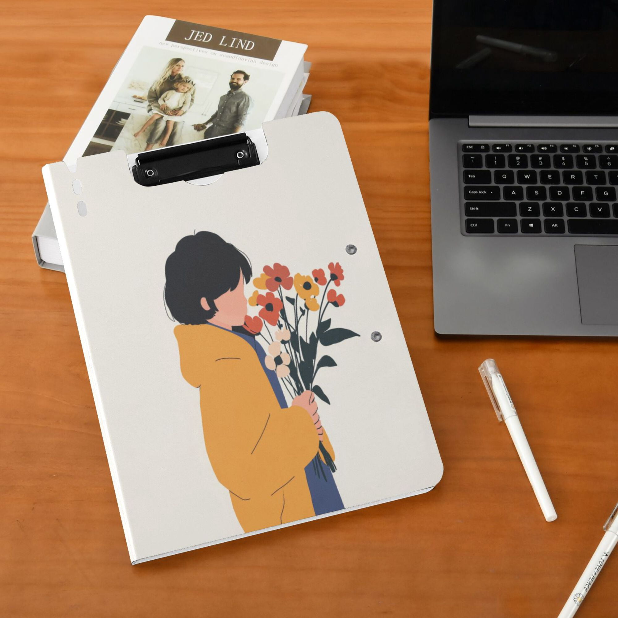 FORMRS A4 Clipboard Folder with Pen Holder Horizontal Foldable School Office Binder, Cartoon Flowers