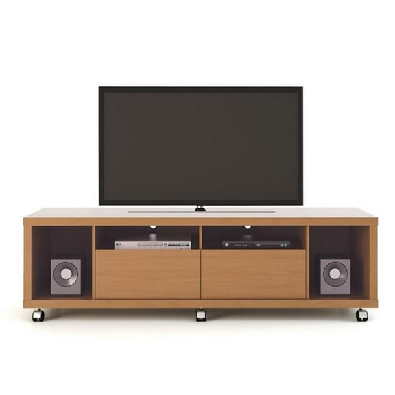 Pemberly Row Wood 71" TV Stand with Casters in Maple Cream & Off White