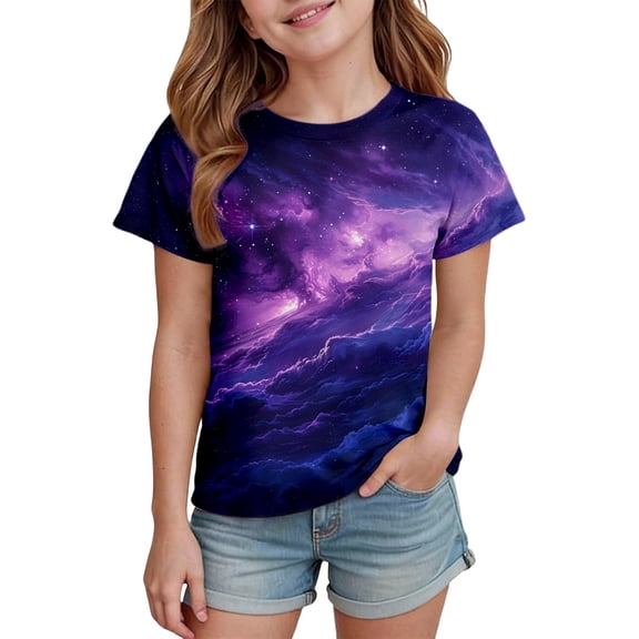 WMQPNNS Tops for Girl Casual Girls Tops Size 8-10 Short-Sleeved Tunic Tops Fashion Crewneck Cotton Tunic Shirt Kids Summer Outfits(Size 6-7 Years, 5-Purple)