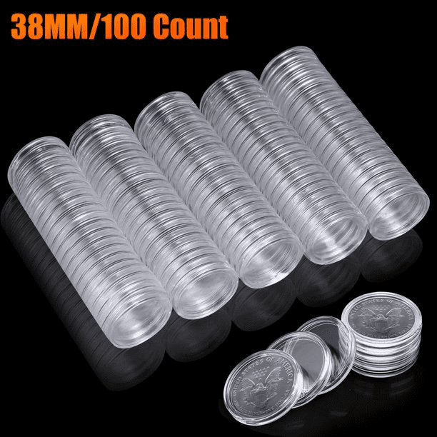 100Pcs 38mm Clear Round Plastic Coin Holder Capsule Container Storage Case Box 
