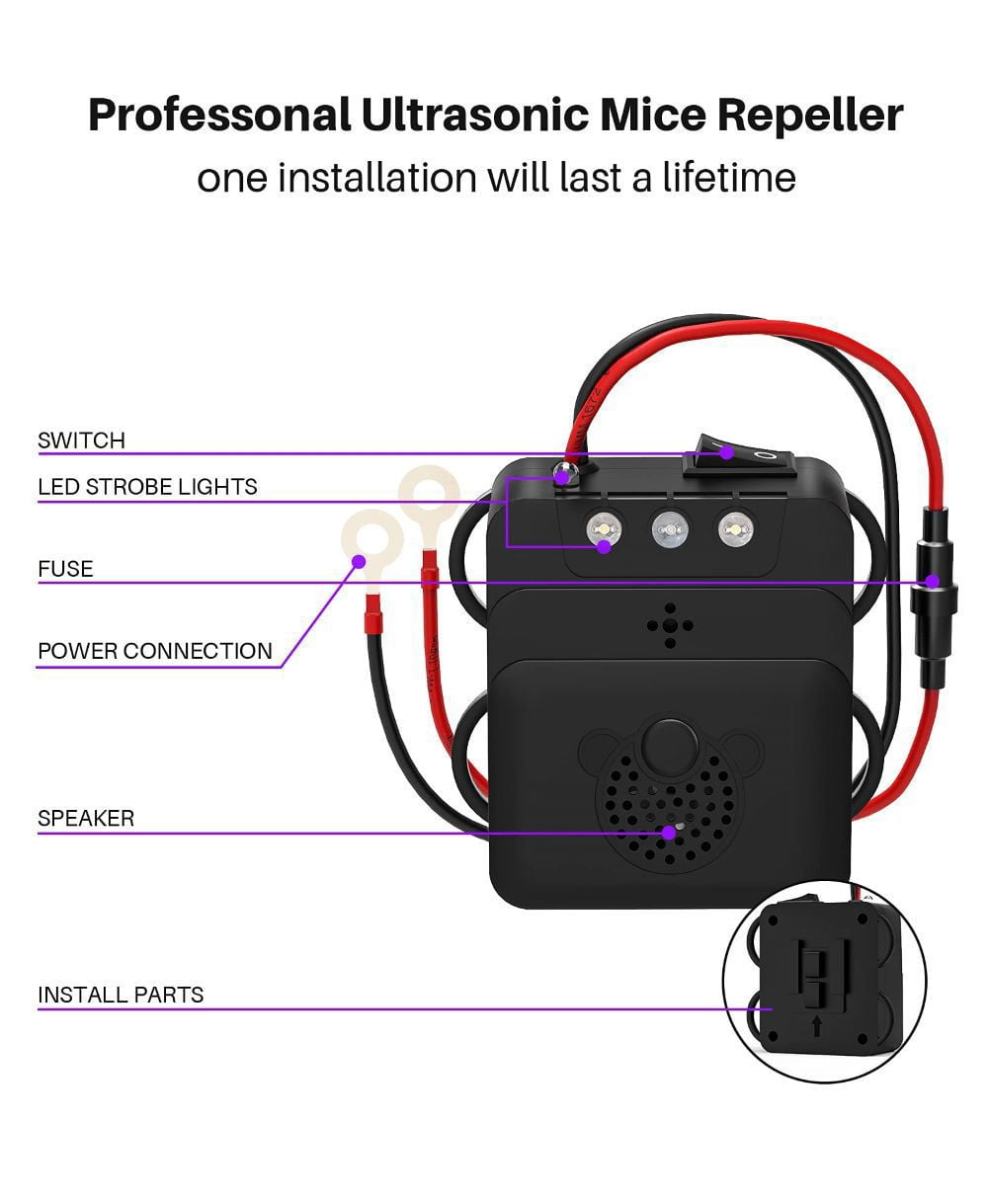 Under Hood Rodent Repeller, Professional Mouse Repellent, Ultrasonic 12V Car Pest Repeller Squirrels, Pack Rat Deterrent for Cars Trucks RV Engine Bay Warehouse Attic with Evictor Strobe Light 2 Pack