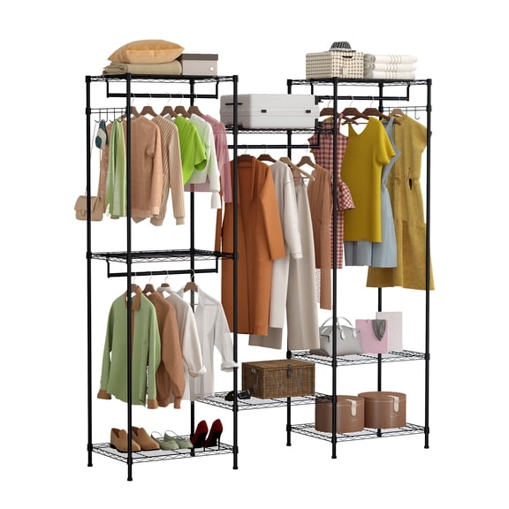 Heavy Duty Freestanding Wardrobe Closet Organizer - 4 Hanging Rods, 8 Shelves, 8 Hooks - Adjustable Storage System for Bedroom, Cloakroom - Portable Clothing Rack, Black